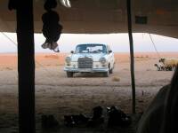 Desde el interior de la tienda de los beduinos, el coche en el que llegamos, un Mercedes un poco destartalado